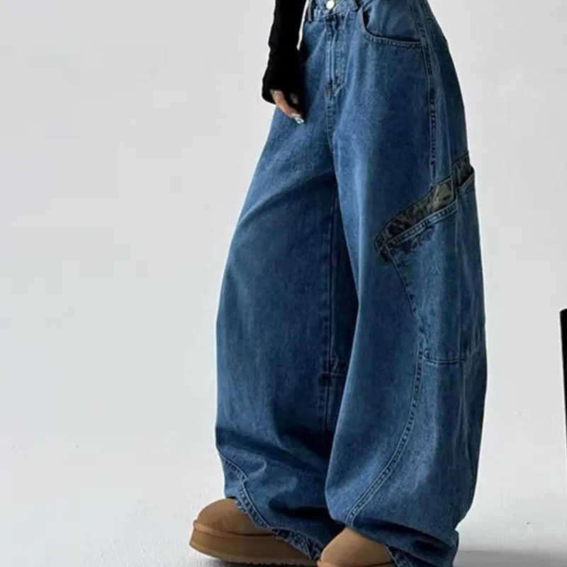Large Pocket Machete Cargo Jeans Women's Winter New Loose High Street Mopping Casual Trousers Fashion