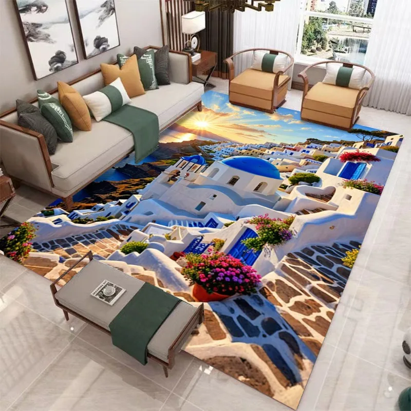 3D Realistic Santorini & Snow Mountain Natural Scenery Landscape Carpet Mat Rug - Modern Living Room Home Decor Bedroom Carpet