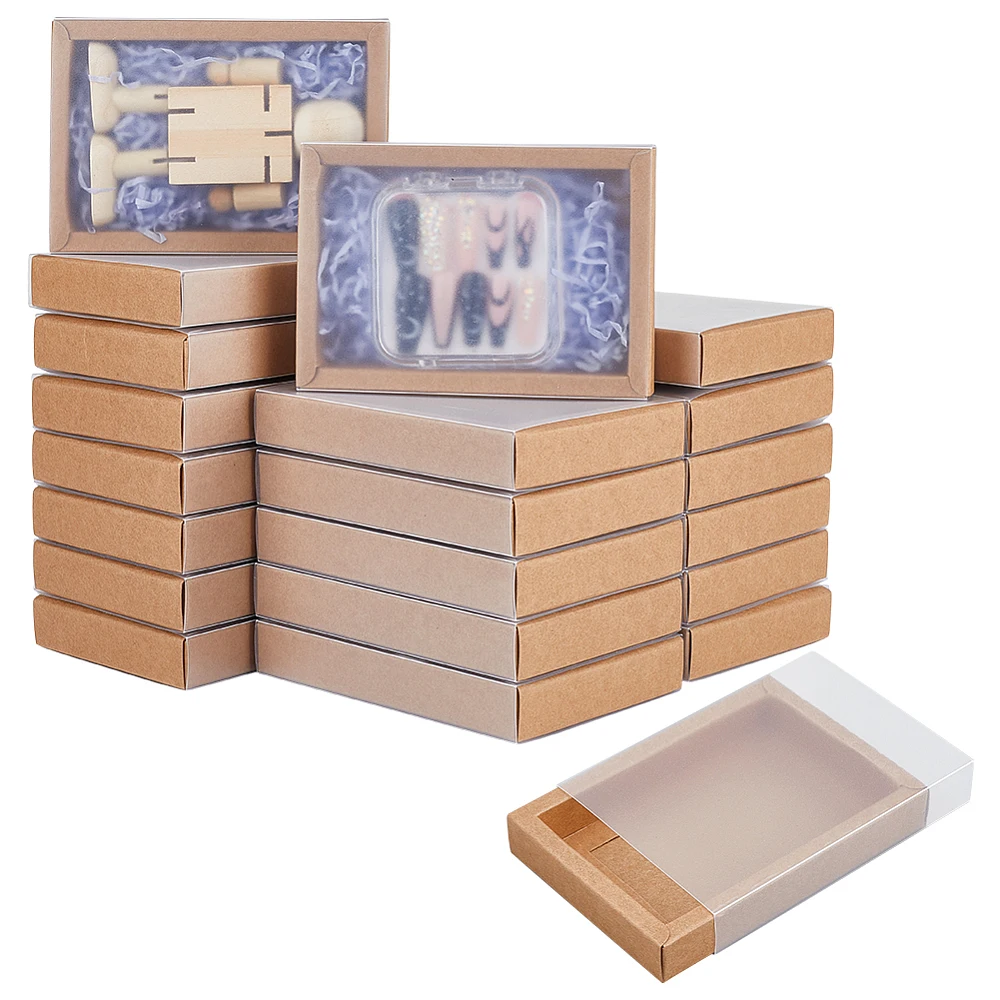 30 Set Brown Kraft Drawer Gift Box Paper Storage Organizers with Translucent Plastic Sliding Lid for Wedding Favors DIY Crafts