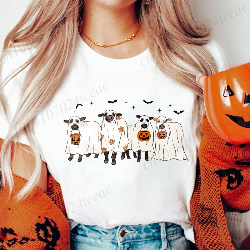 موضة الأبقار هالوين طباعة المرأة تيشيرت بأكمام قصيرة عادية تي شيرت ل أبقار مخيف هالوين الملابس النسائية بلايز تيز