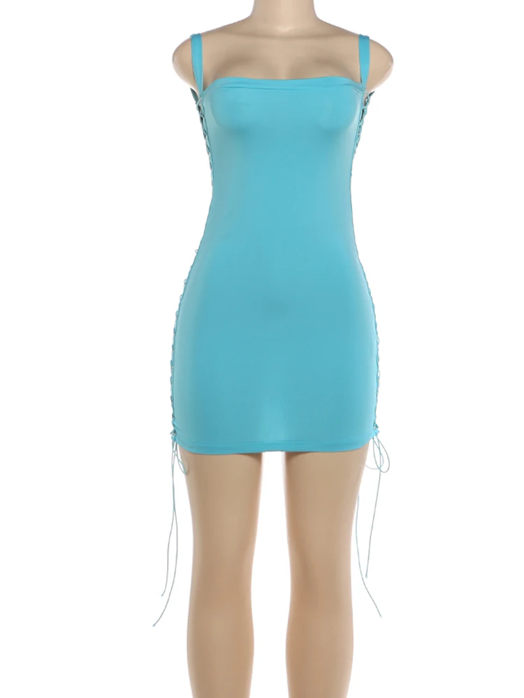 Sisterlinda Quadratischer Ausschnitt Kreuzbandage-Kleid Damen Quasten Ärmellos Sexy Midnight Hottie Einfach Klassisch Sommer Mini Bodycon – Detail 4