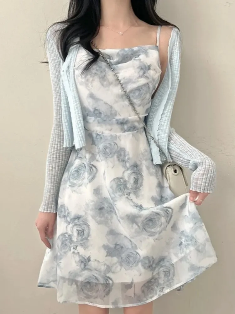 Fre Summer Design Bal Hollow out Soft Sle Aquarell Chiffon Dr. Gentle Breeze Strap Dr Midirock mit Blumendruck