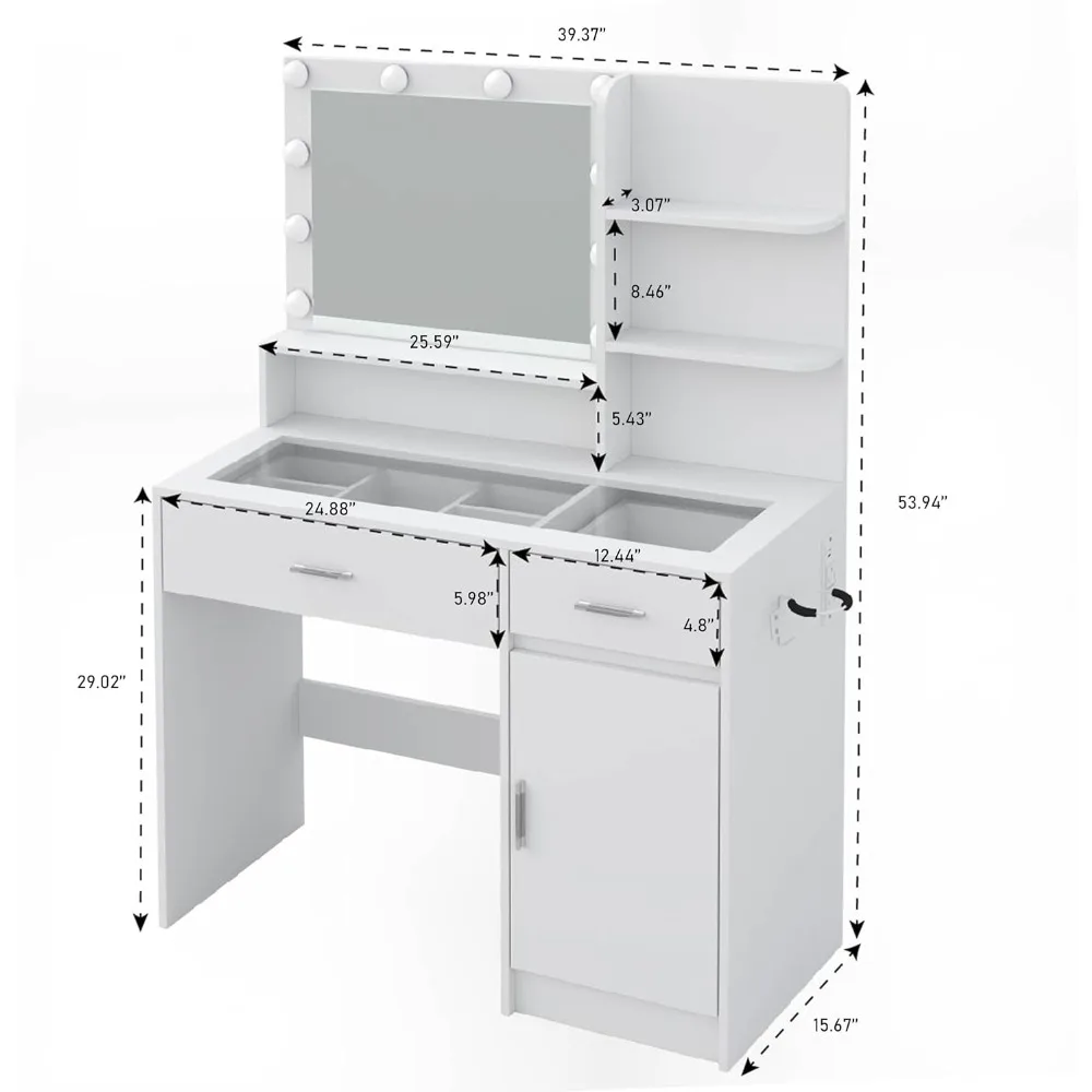 Illuminated Vanity Desk with Mirror, Glass Top, and Power Outlet, 36-Mode Adjustable Brightness Makeup Table