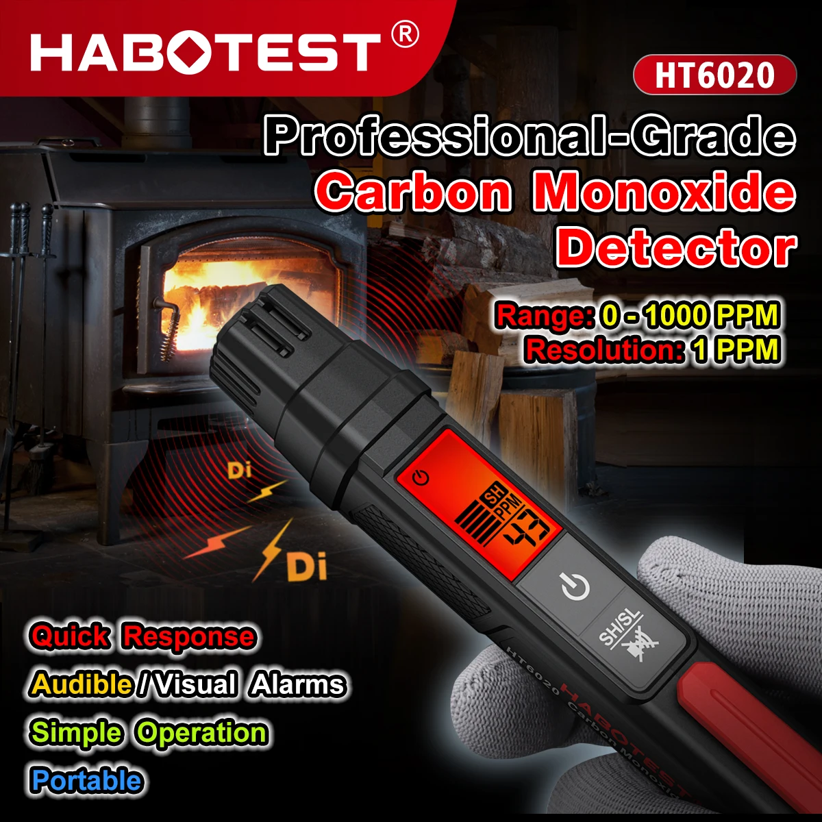 Detector de Monóxido de Carbono HABOTEST 0-1000PPM, Medidor de CO Portátil HT6020, Detector de CO Profesional de Respuesta Rápida