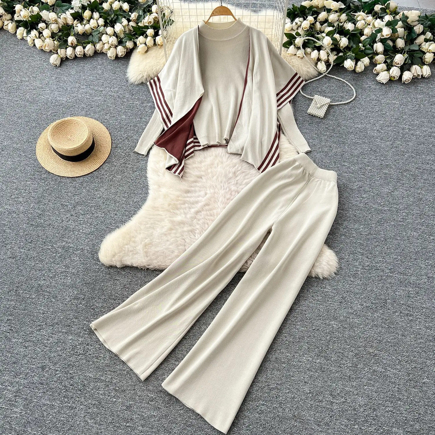 

Pant Set Women Three Piece Sets Round Neck Full Sleeve Knitted Tops Shawl Wide Leg Long Pants Elastic Waist Work Y2k Streetwear