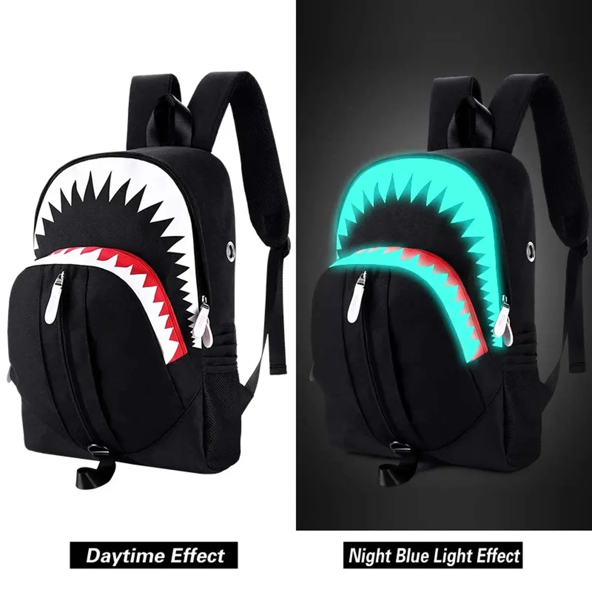 Night Luminous Shark Mouth Pattern Daily Knapsack Teenagers School Bags Large Capacity Travel Bag Causal Men USB Laptop Backpack