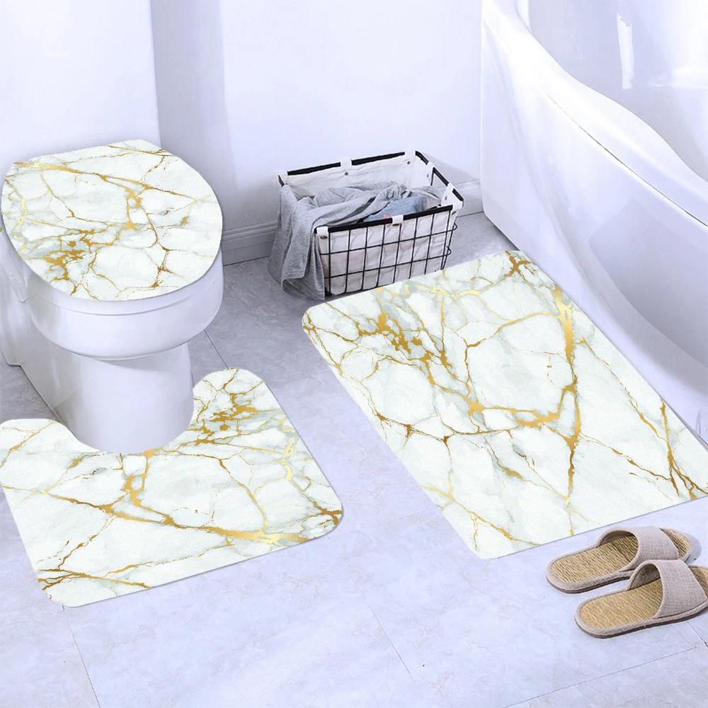 Gray Marble Shower Curtains Texture Luxury Crack Stone Grain Bathroom Curtain Toilet Lid Cover Non-Slip Carpet Bath Mat Set