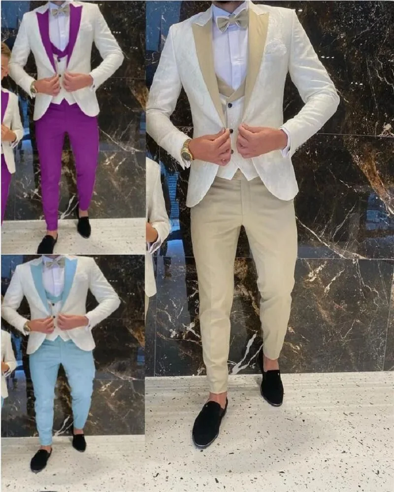 

Men Suits For Wedding Groom Tuxedo Peak Collar Formal Party Male Dress Blazer Pants Vest 3 Piece Costume Homme