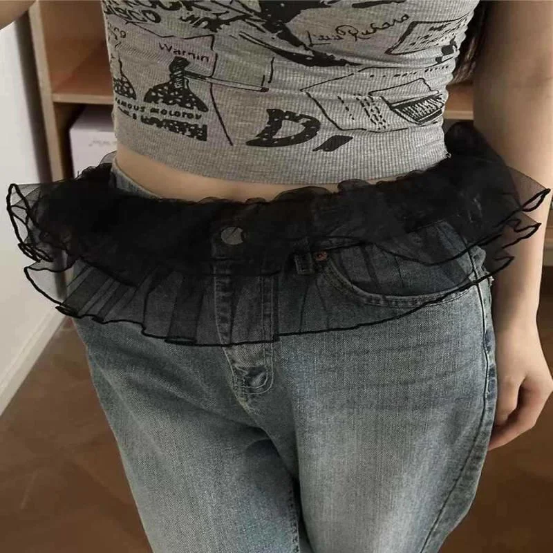 

Mesh Lace Mini Skirt Ruffles Y2K Streetwear Ruched Skirts Harajuku See Through Waist Pleated Skirts Jeans Decoration