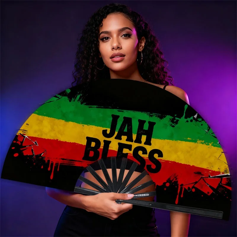 A Handheld Fan for Men, Featuring a Single Piece of with a 'JAH BLESS' Cracked And Rasta Stripe Design, Perfect for Festivals, Raves, Clubs, Concerts, Themed Parties, Cosplay, Costume Additions, Gifts, Room Decoration, And Dance Events