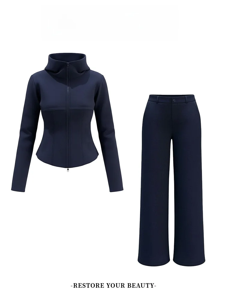 

Casual Faionable Women's Hoodie Jaet Loose Wide Leg Pants Two Piece Set Autumn Winter New Arrival High Waist Zipper Closure