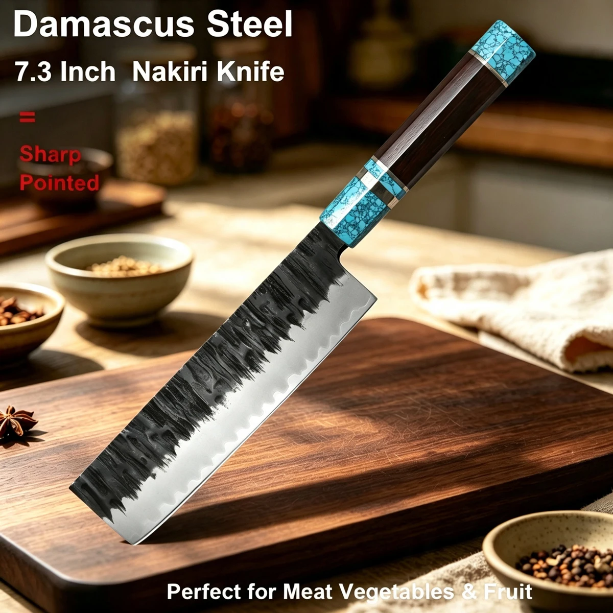 7.3 inch Professional Chef Knife Handmade Forged 7 Layers Damascus Steel Japanese Nakiri Knife Kitchen Knife Turquoise Handle