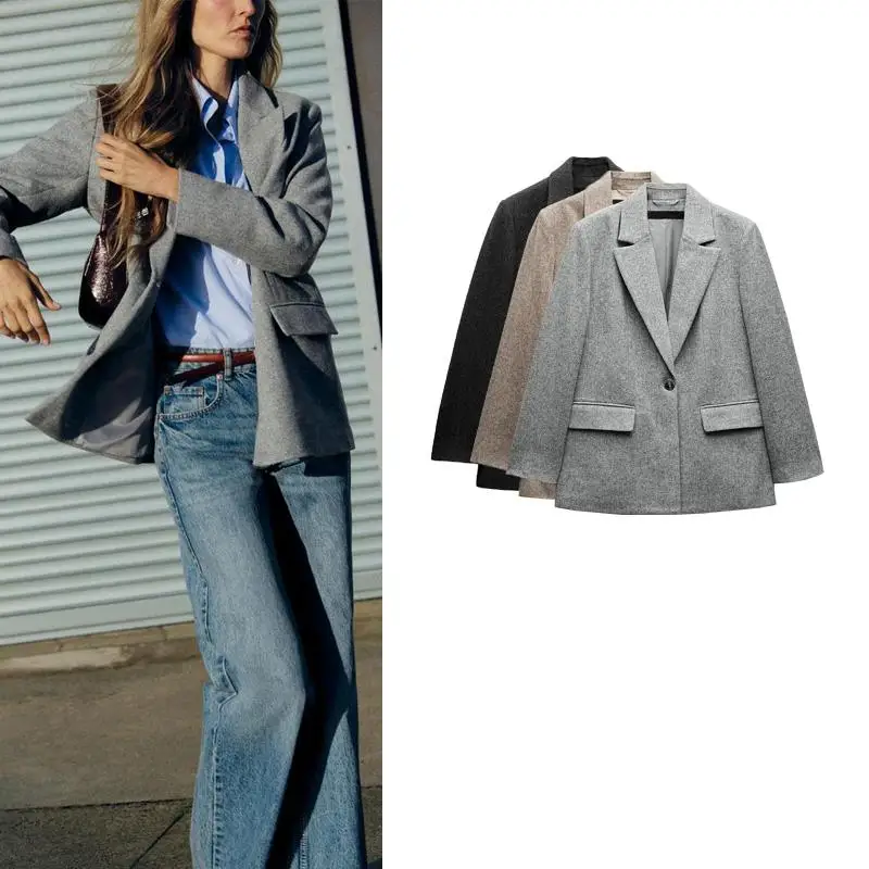 Autumn Winter Women's Suit Jacket Long Sleeve Wool Blend Twill Coat Turn-down Collar Commute Style Regular Fit Polyester Fiber