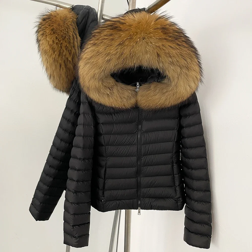 OFTBUY Giacca soffice da donna Giacca in vera pelliccia con cappuccio Sottile Vera pelliccia di volpe Colletto2025 Nuovo inverno corto femminile Piumino d'anatra bianco