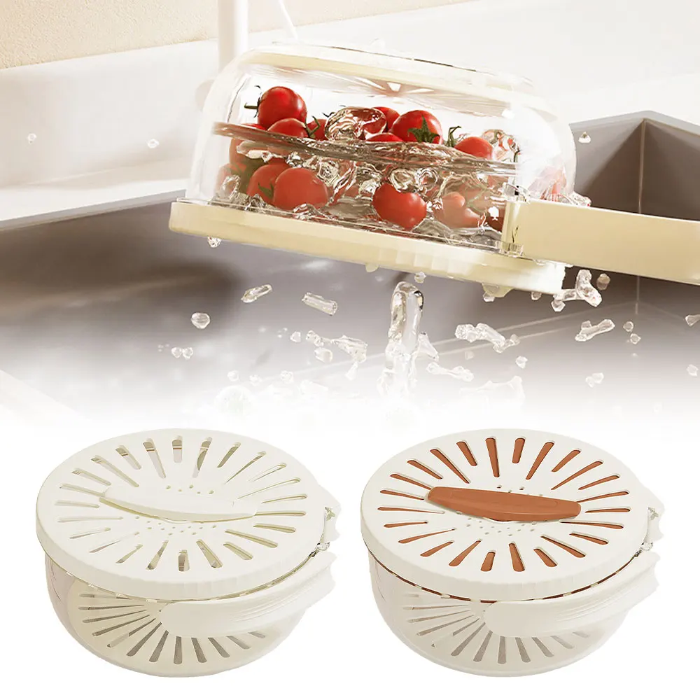 New Drain Basket with Lid Fruit Rice Washing Drain Basket with Handle Refrigerator Storage Bowl Home Kitchen Organizer