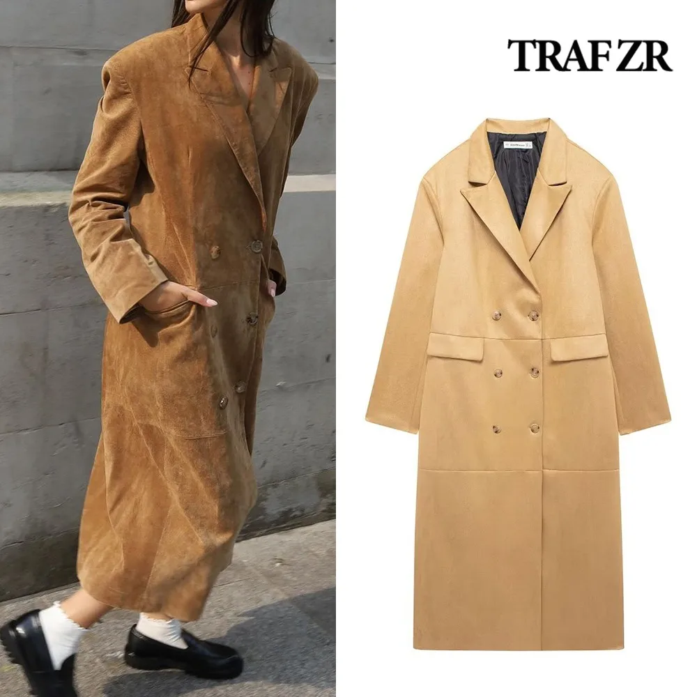 

TRAF ZR 2024 Winter Notched Lapel Collar Jackets Women's Long Faux Suede Coat Front Flap Pockets Synthetic Leather Outerwears