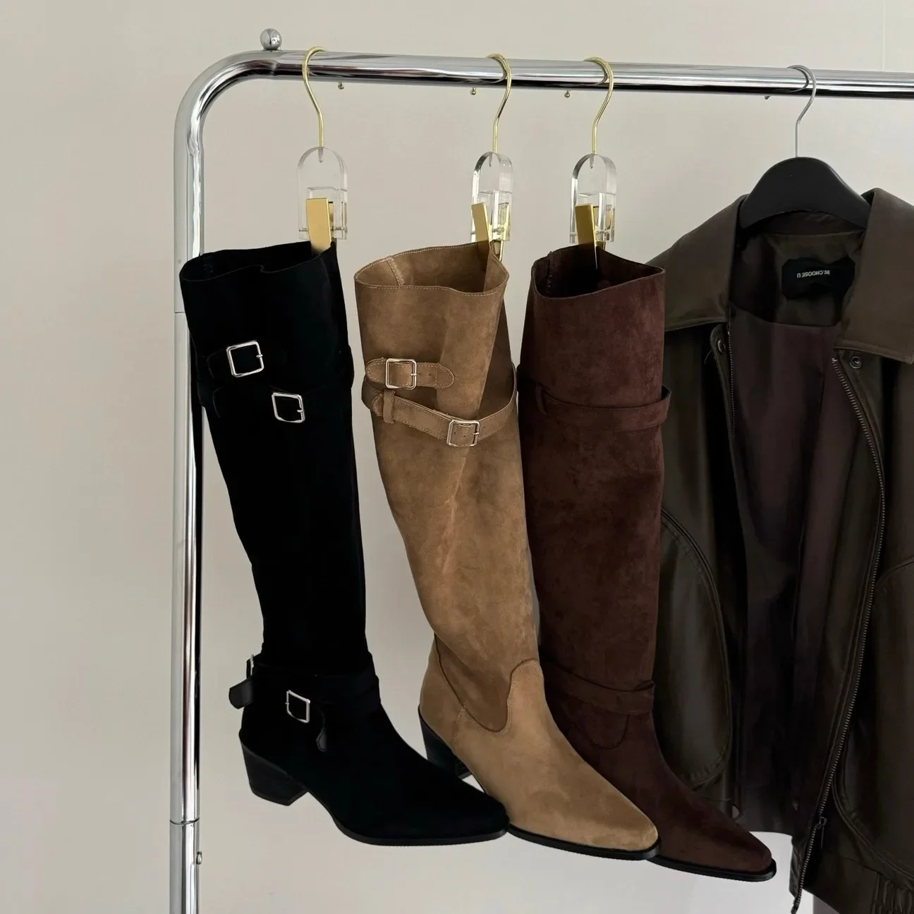 

Vintage Suede Women Trouser Legs Boots Fashion Belt Buckle Slip On Shoes Autumn Winter Wedges Heel Ladies Long Booties