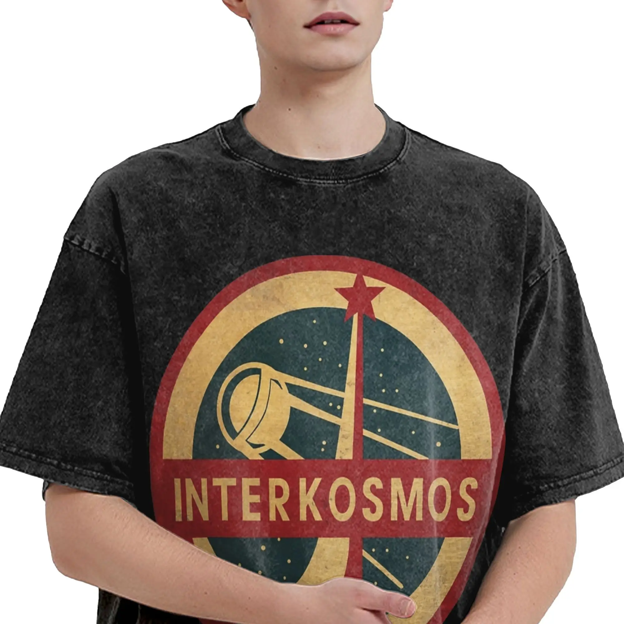 برنامج Interkosmos الفضائي سبوتنيك الأقمار الصناعية غسلها تي شيرت الهيب هوب الشاطئ تيز خمر ملابس علوية من القطن فضفاض هدية عيد ميلاد