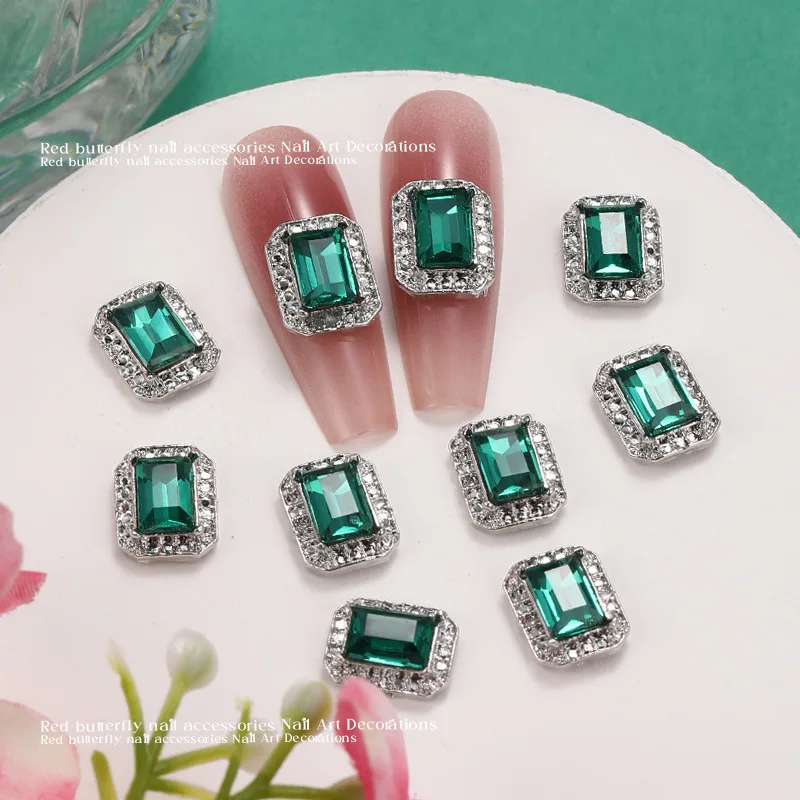 10PCS Green 3D Luxury Alloy Nail Art Charms Rectangular Emerald Gem Jewelry Accessories For Nails Decoration Manicure Supplies