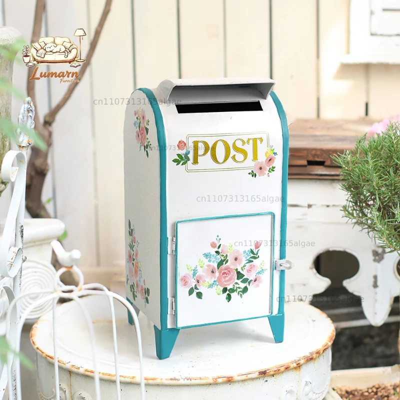 European Vintage Mailbox Iron Floor Standing Post Box for Courtyard Rustic Grocery Storage Container Home Decorative for Garden