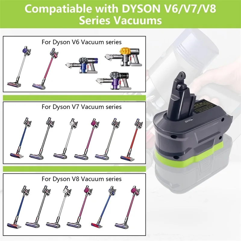 Adaptador de repuesto de batería para aspiradora de mano, 3 en 1, para Ryobi 18V, compatible con Dyson V6, V7, V8