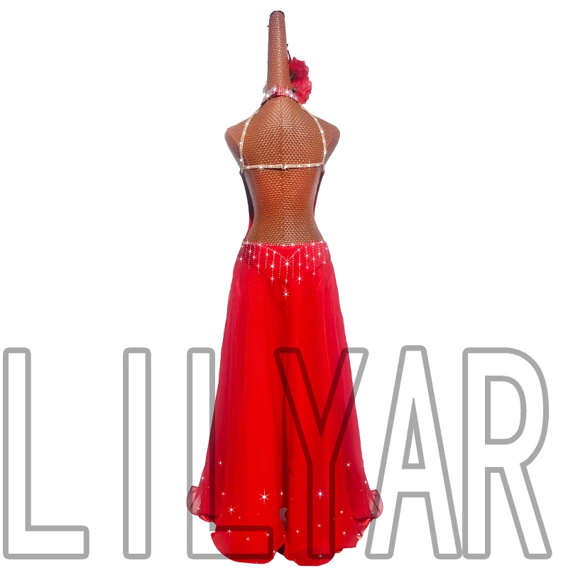 New Modern Dance Skirt Competition Performance Adult Female Red Sleeveless Large Swing Long Backless Diamond Dance Skirt