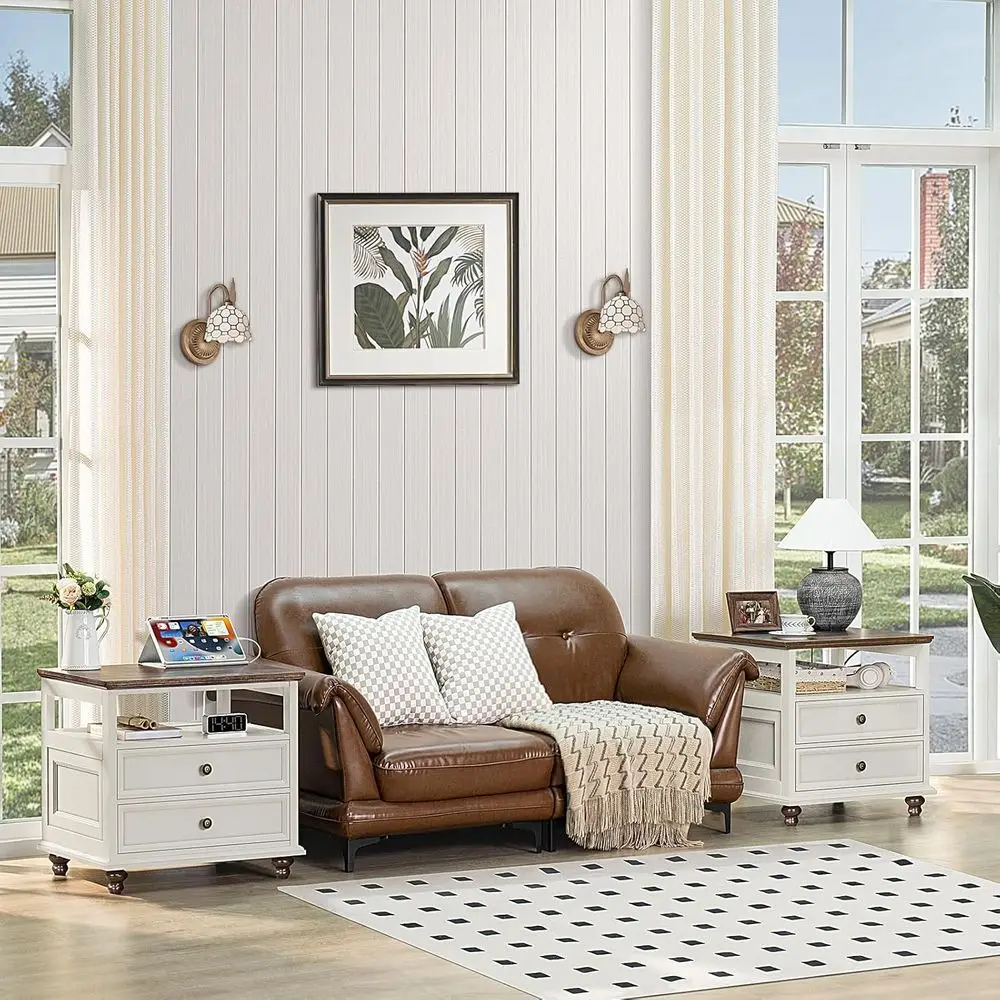 2-Piece Nightstand Set with Charging Station, 24 Wide End Table, Storage Drawers, Suitable for Bedroom or Living Room, White Woo view 4