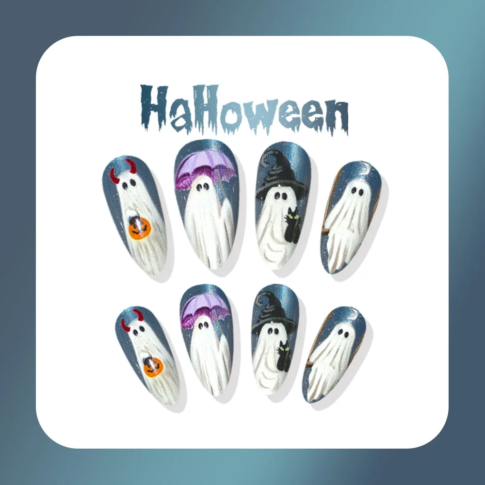 24pcs Halloween Nail Art Ghost Cat Eye Almond Press On Nails Cute Pumpkin Witch Design Fake Nails with 1 Jelly Glue 1 Nail File - view 3