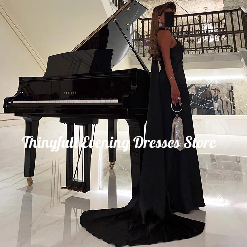 Thinyfull Formal Mermaid Prom Dresses Black Halter Neck Satin Evening Dress Saudi Arabia Cocktail Party Night Gowns Custom Size