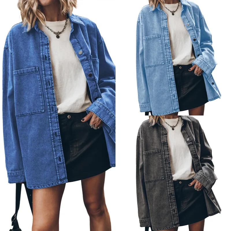 Women's Retro Collar Denim Jacket Blue Large Pocket Loose Casual Shirt Trendy Vintage Outerwear for Ladies
