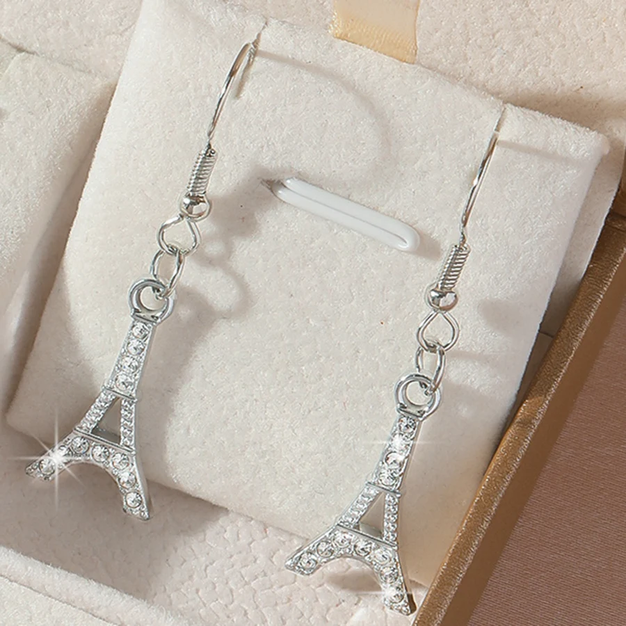 4Pcs Women Jewelry Set, Silvery Tone Tower‑Shaped Necklaces Earrings Ring Accessory Kit for Party Dating Gift