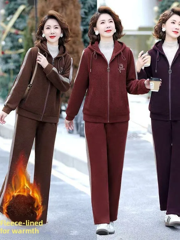 

Thickened Fleece Autumn Winter Clothes for Middle-Aged And Elderly People Hooded Long Pants Two-Piece Set Korean Style Commute