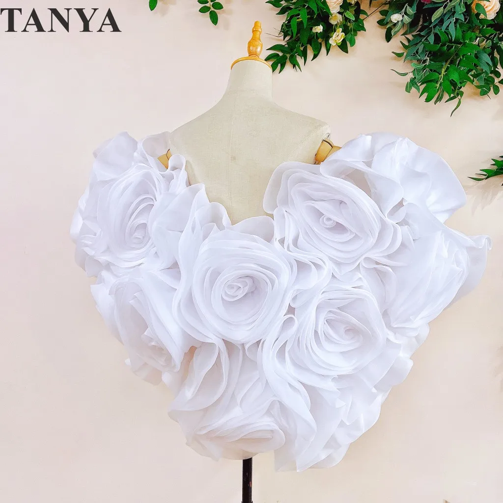 3D Rose Flower Organza Wedding Cape Short Romantic Evening Party Wrap Fashionable Outfit Bolero