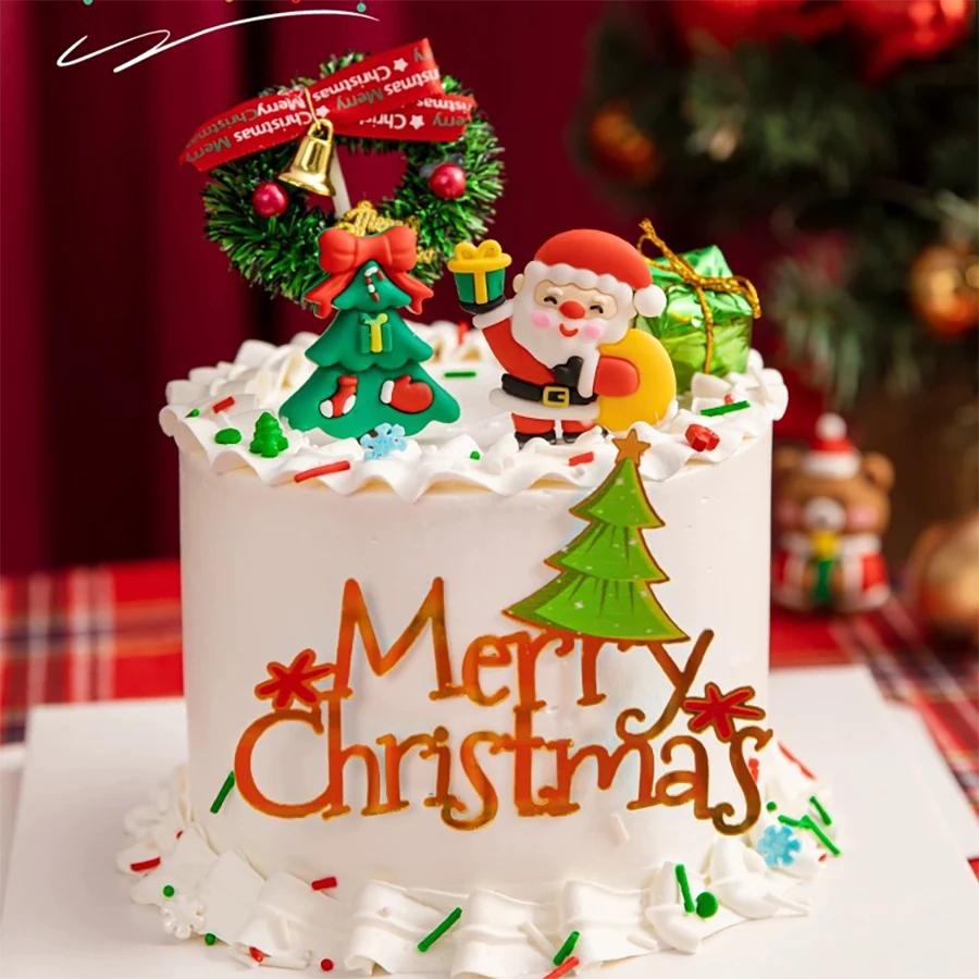 Hot Sale Christmas Cake Decoration Christmas Grass Circle Leaves Snowman Santa Claus Christmas Tree Elk Decoration