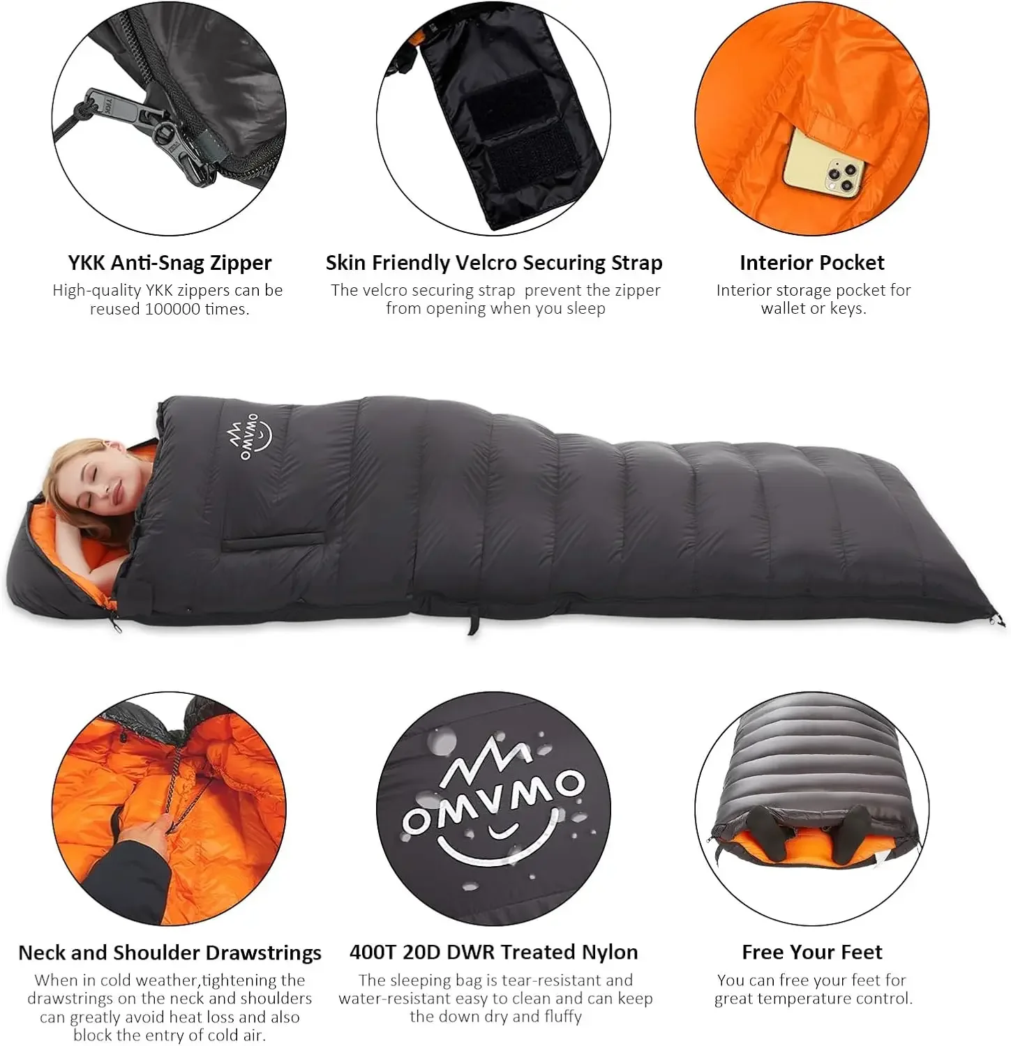 0-20 Degrees F Down Sleeping Bag for Adults - 4 Season Envelope With Arm Holes, Wearable for Backpacking Camping - Ultralight