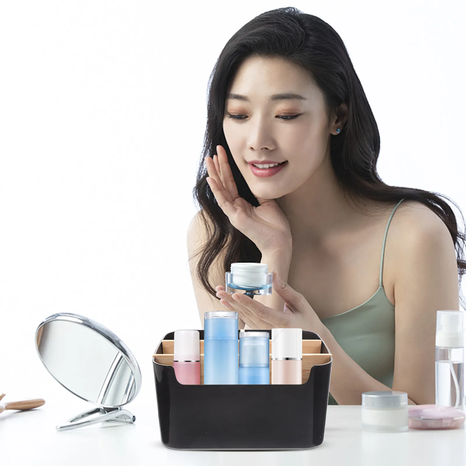 Premium Bamboo Desktop Makeup Organizer Sturdy Compact Cosmetics Storage Box for Vanity Countertop Sundries Skincare Organizer