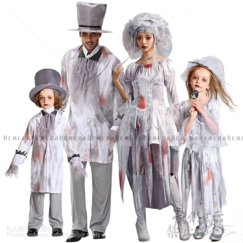 2024 Halloween Cosplay Eltern-Kind-Outfit Kostüm Vampir Braut Make-up Zombie Set Frau Mann Kinder Halloween Horror Rollenspiel Cos