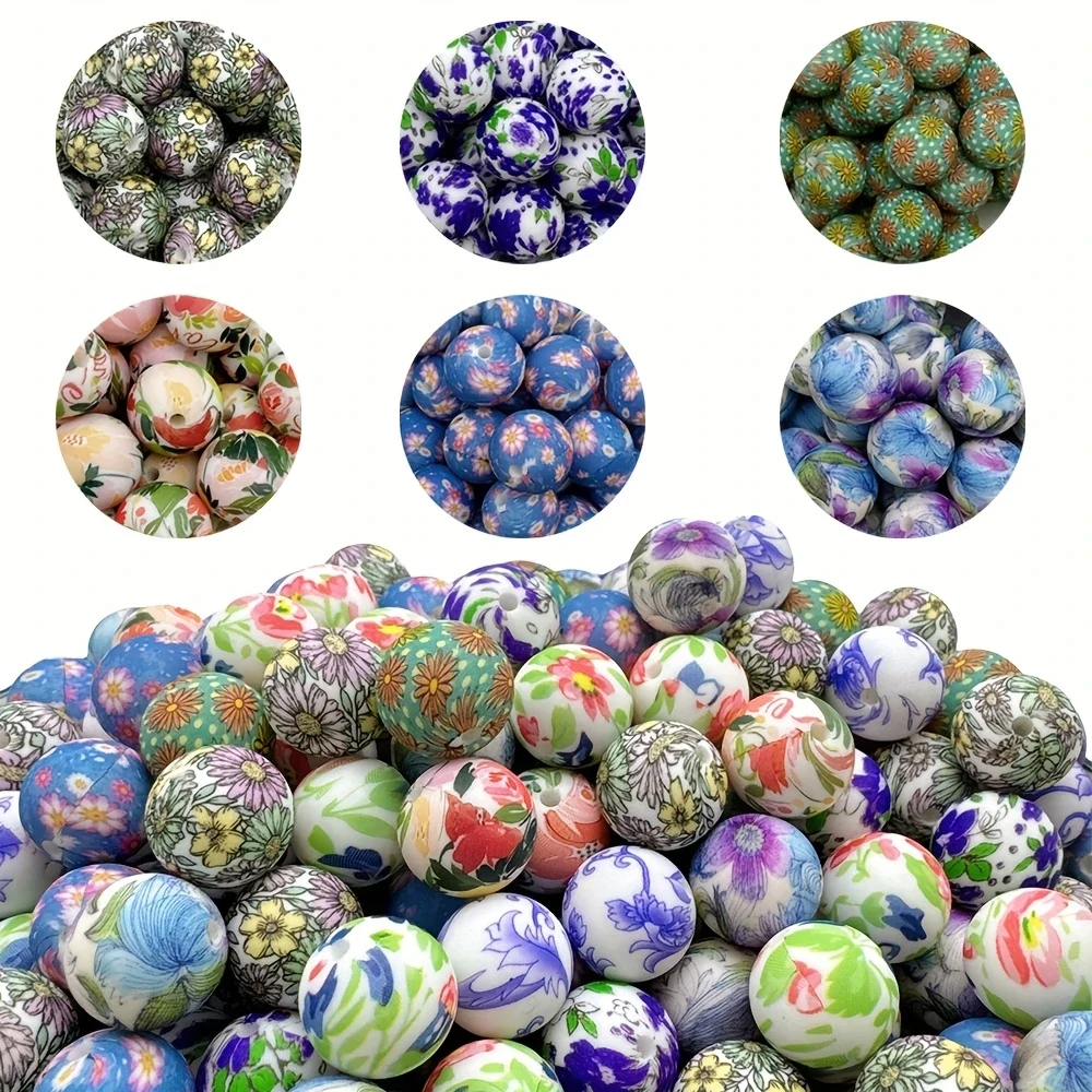 10/10pcs 15mm Silicone Beads with Various Styles of Printed Patterns, Perfect DIY Bead Handmade Accessories, Fashionable Jewelry