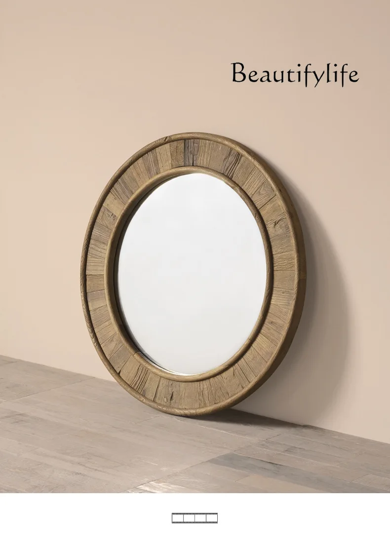 

American country retro elm round decorative mirror, bathroom makeup mirror, high-end fashion