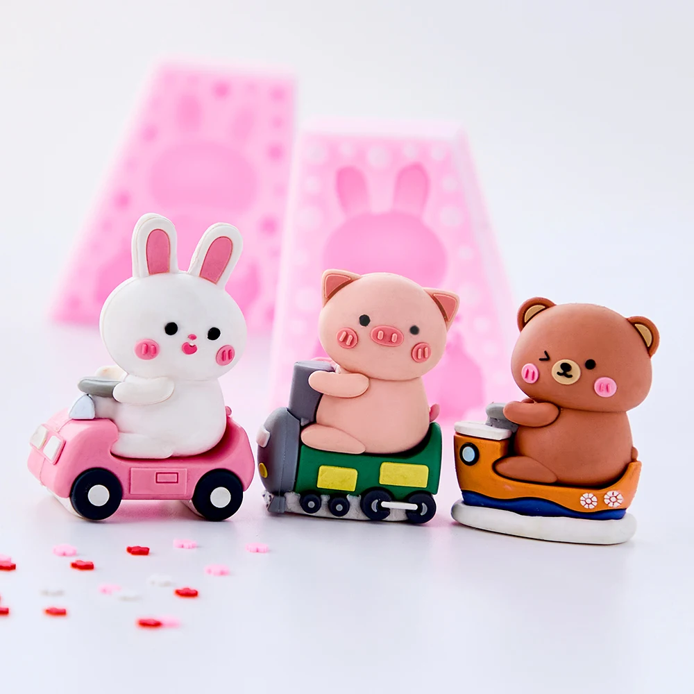 

3d Cartoon Cute Riding Pig Bunny Bear Silicone Molds Cake Mousse Chocolate Plaster Resin Molds Cake Decoration Accessories