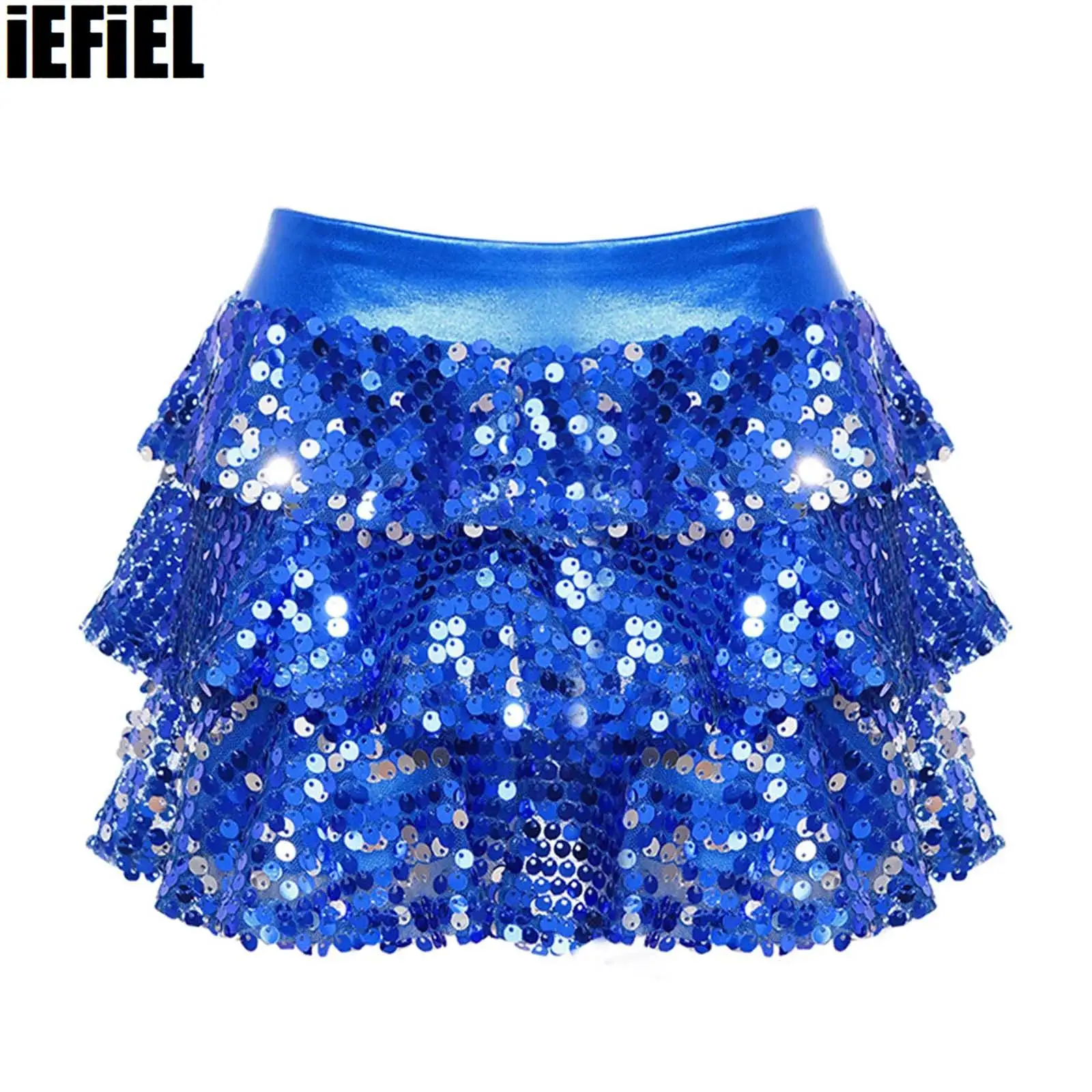 Kids Girls Tiered Ruffle Dance Skirt Shorts Metallic Shiny Sequins Elastic Waistband Culottes Dance Stage Performance Costume