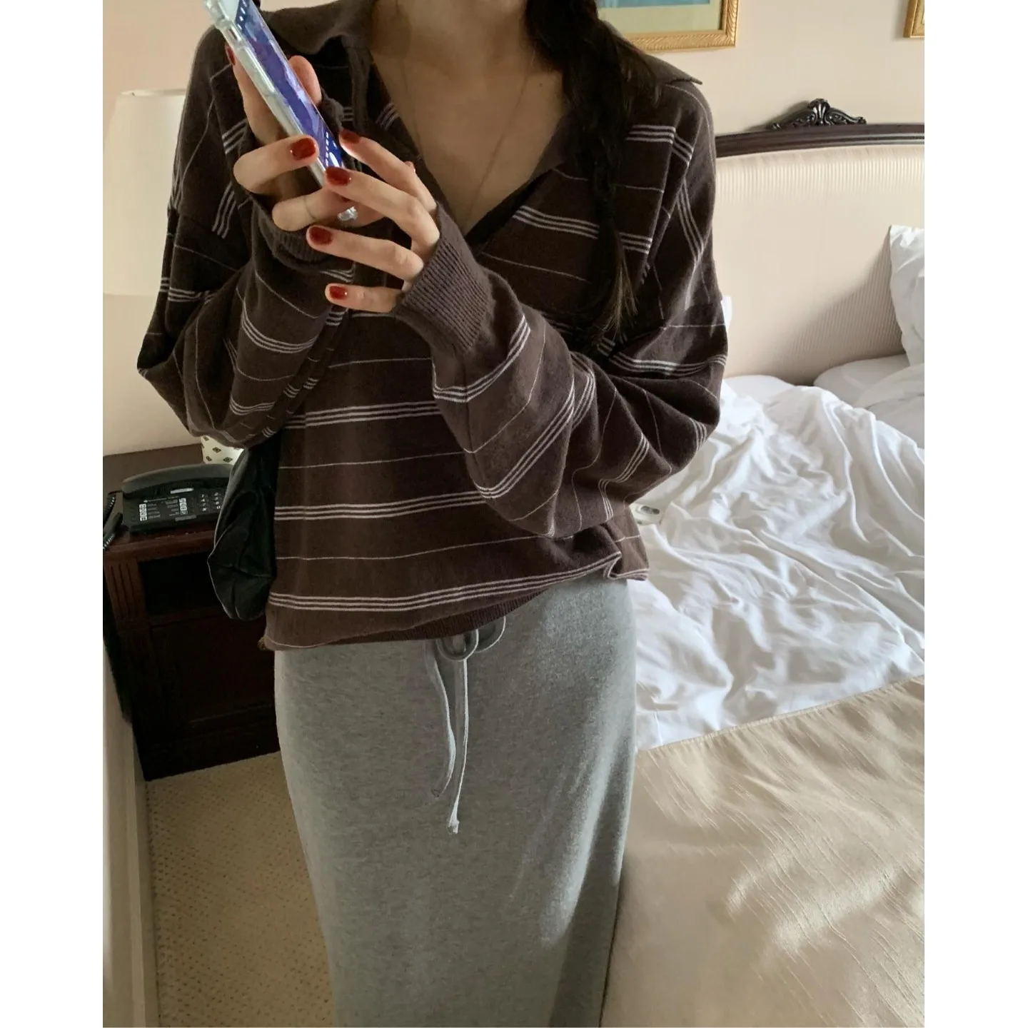 

Свободный вязаный полосатый свитер с воротником, женский повседневный свитер из вискозы, тонкий осенний топ