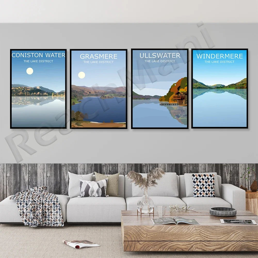 Windermere, Ullswater, Coniston Water, Derwentwater, Grasmere, Lake District Tourism Landscape Art Poster,