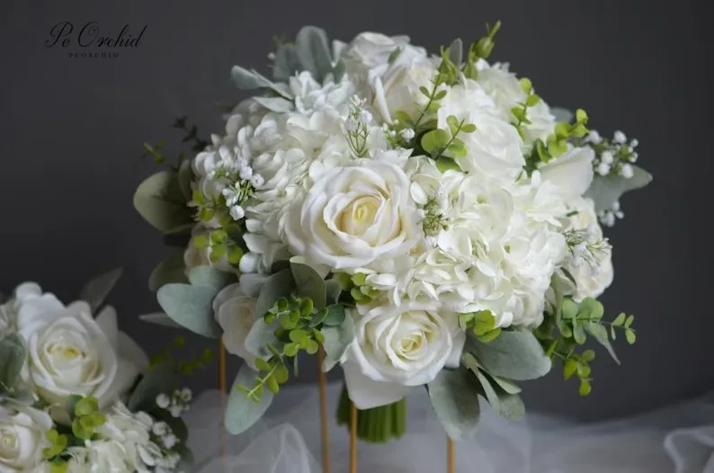 PEORCHID Rustic White Ivory Bridal Bouquet For Weddings Bridesmaid Silk Flower Garden Baby's Breath Rose Boho Bouquets for Bride
