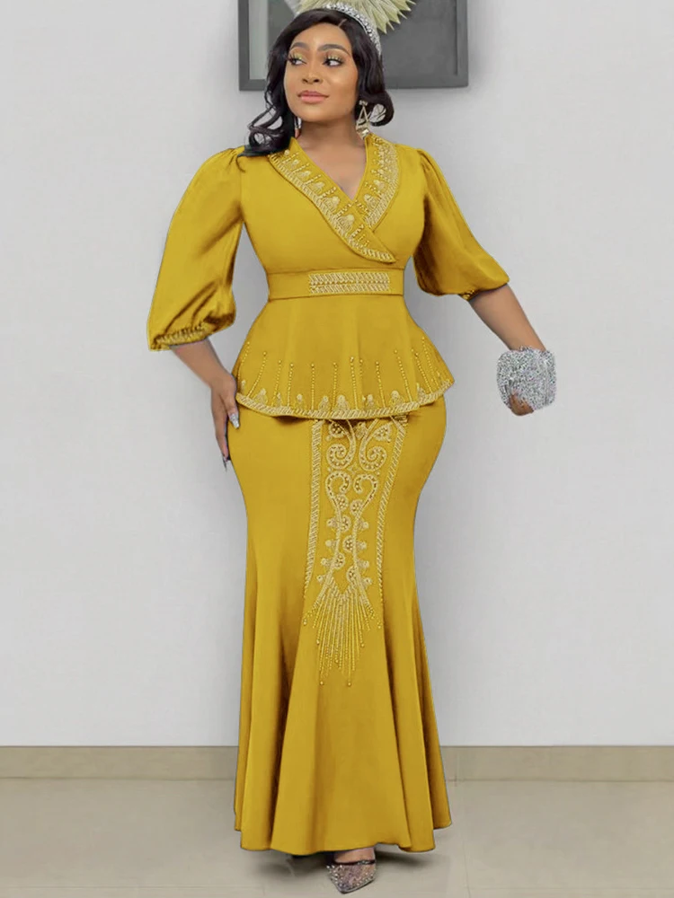 Plus Size Two Piece Set Africa Clothing Women Party Evening Gown Tops And Skirt Suit Dubai Muslim Kaftan Abayas Robe Africaine