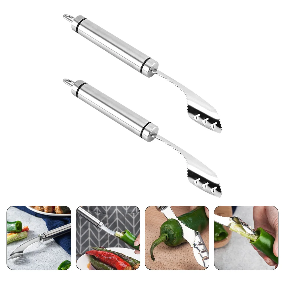 

2Pcs Stainless Steel Serrated Pepper Corer Remover Kitchen Gadget Fast Chili Deseeder Jalapeno Cutter Chili Corer Remover
