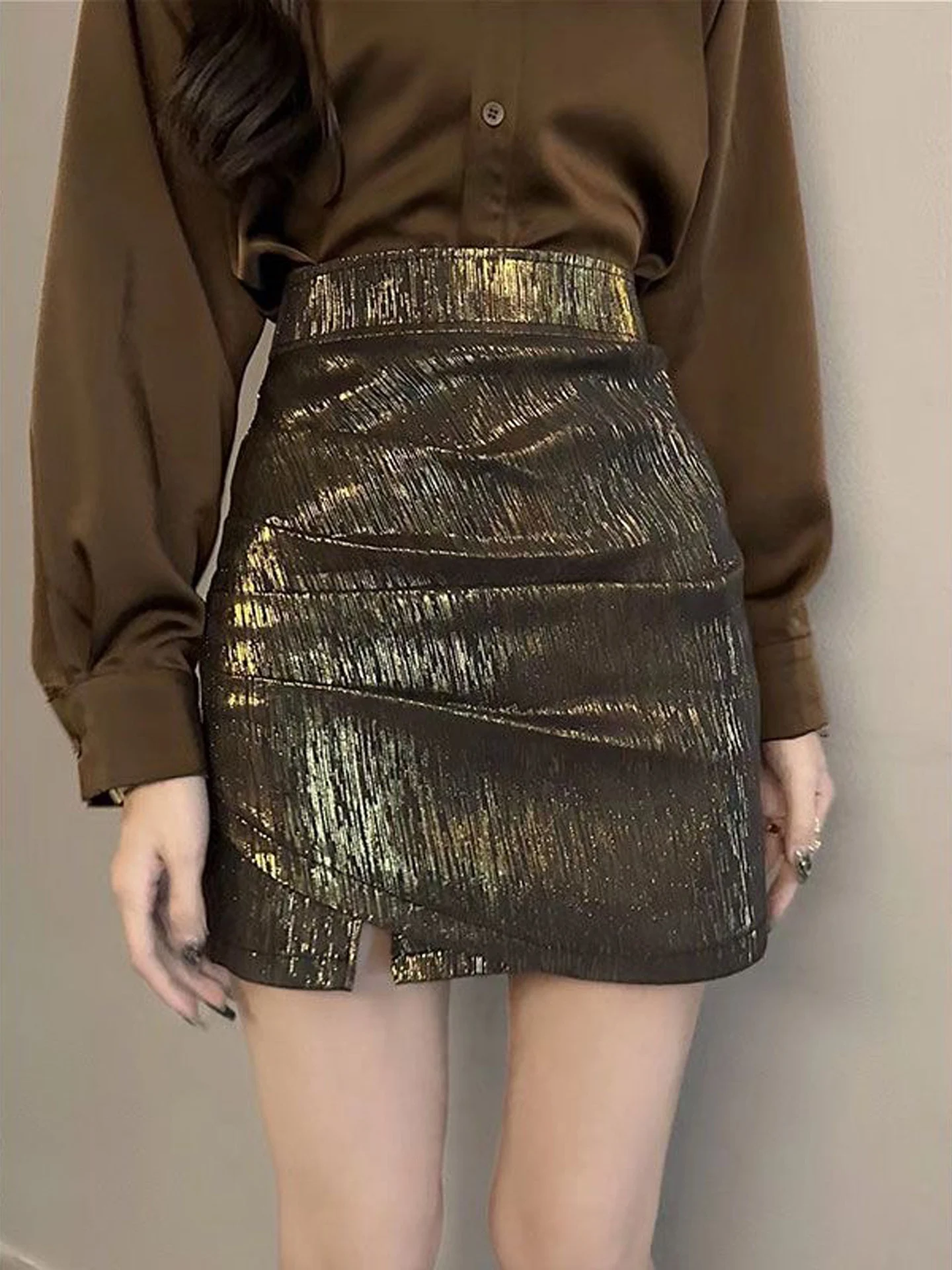 High Waist Asymmetric Metal Luster Pleated Slit  Skirt Women's Sweet Spicy Short Skirt PU Leather Bodycon Skirt