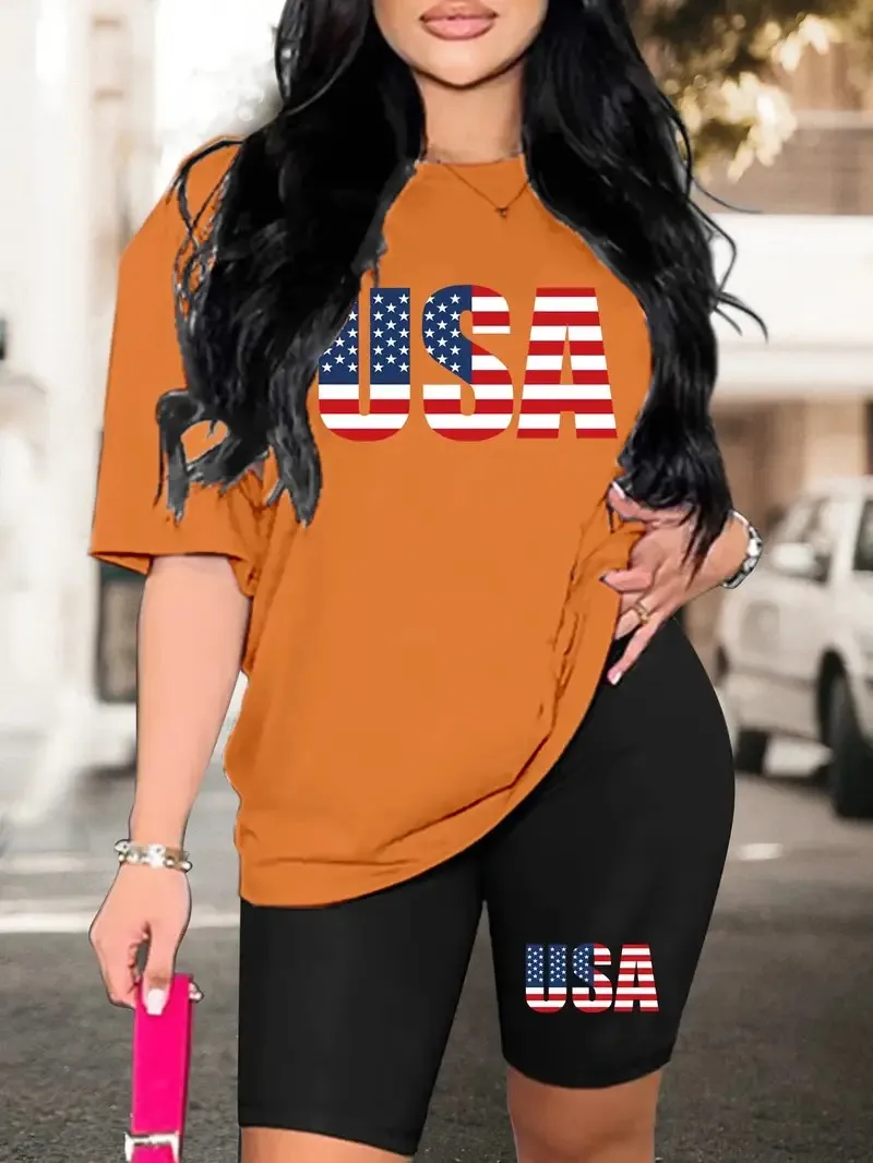 Independence Day sale women\'s 2-piece set flag text, casual short-sleeved T-shirt and tight shorts women\'s suit women\'s wear