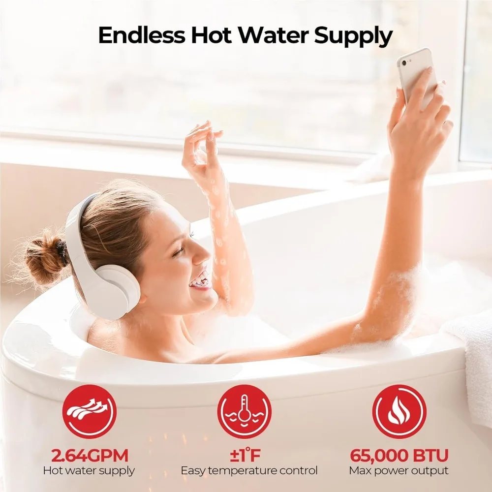 Instant Hot Water Heaters, 2.64 GPM 65,000 BTU Gas Tankless, Anti-Freeze Protect & Temperature Control, Demand Water Heaters