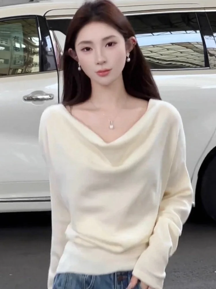여아 니트 스웨터 오프숄더 언밸런스 백색 이너웨어 부드럽고 편안한 가을 겨울 상의 허리 조임 베이스 셔츠
